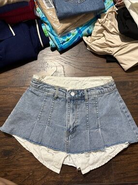 Light Blue Denim Skort Shorts - Women's Casual Layered Look